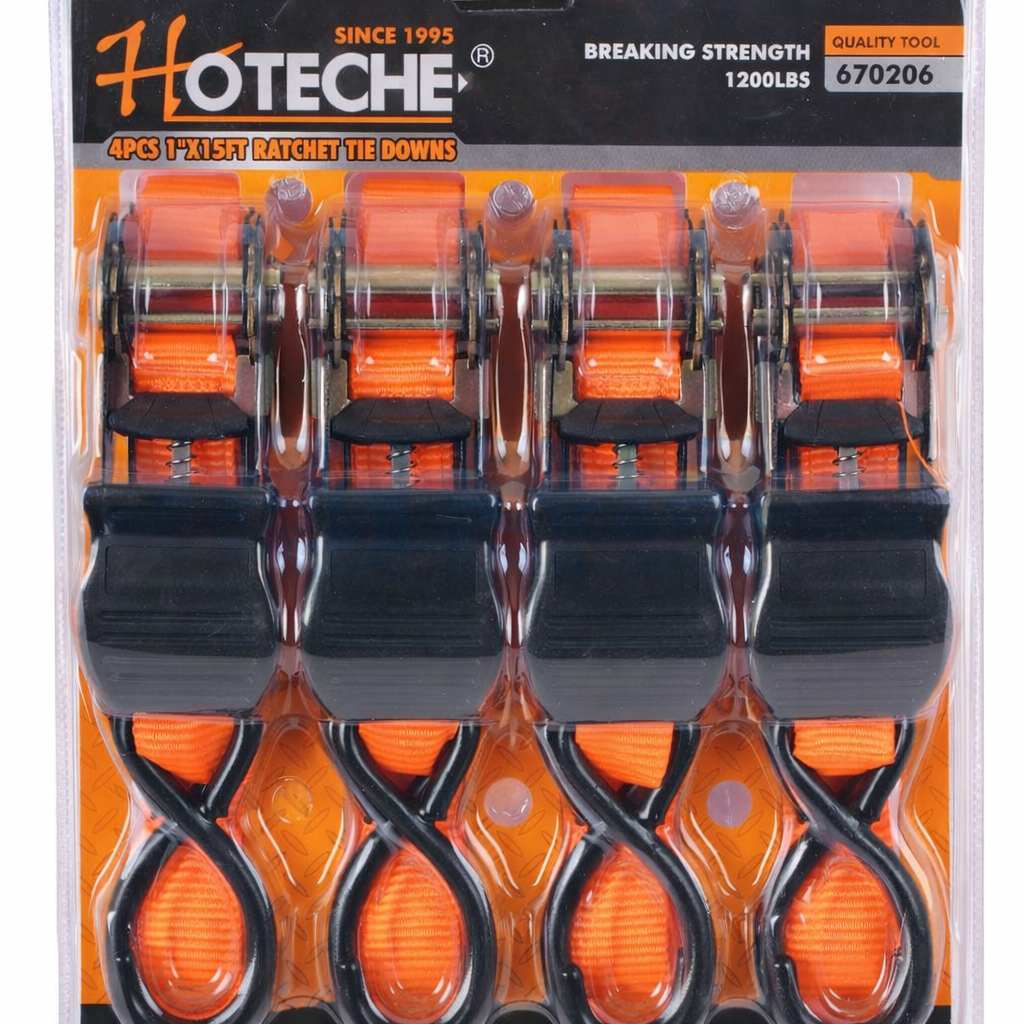 Hoteche 4PCS Ratchet Tie-Down Straps – 1" x 15FT, 1200lbs Breaking Strength