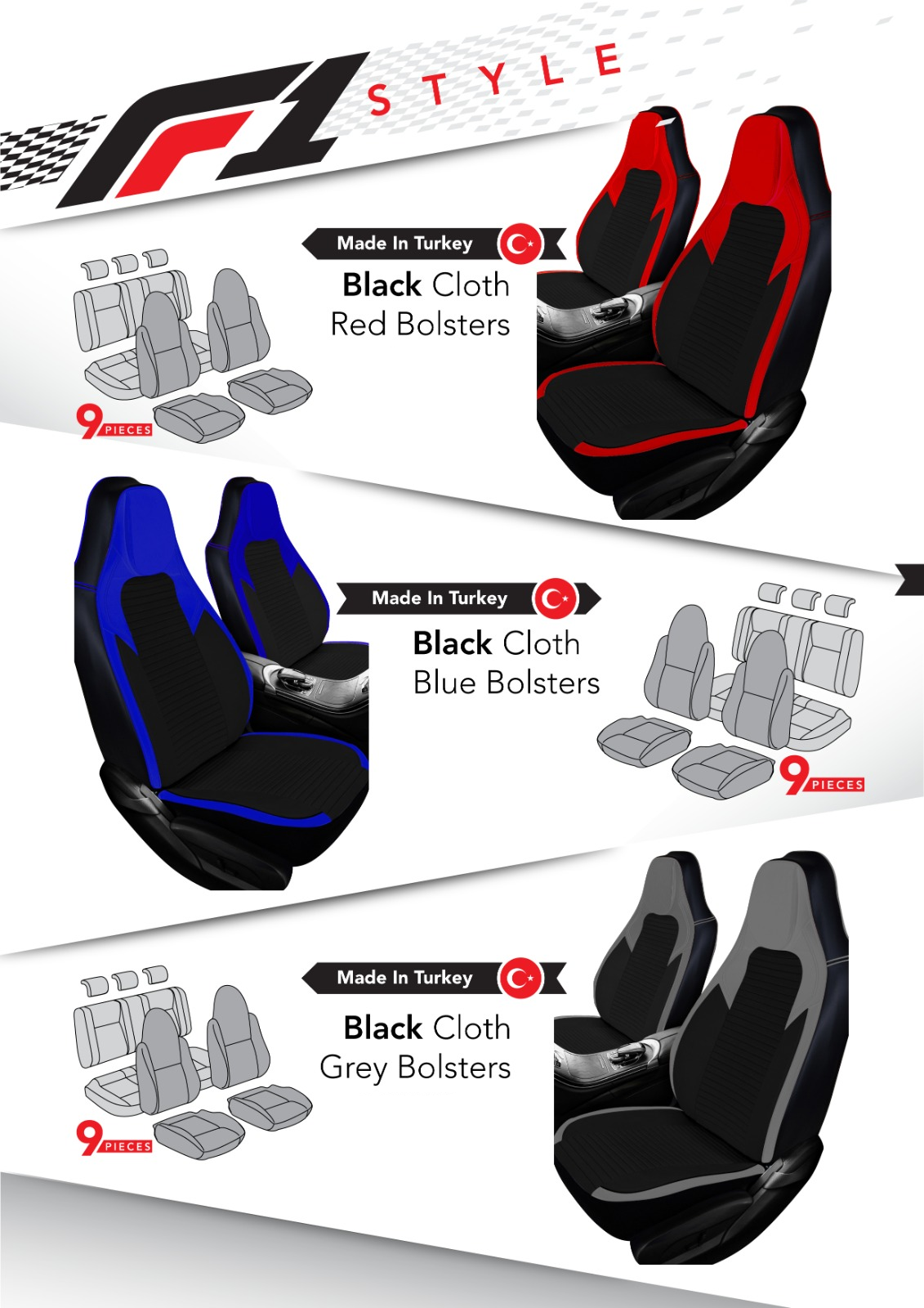 Universal Premium Seat Covers - Uzay F1 Style - 9 Piece