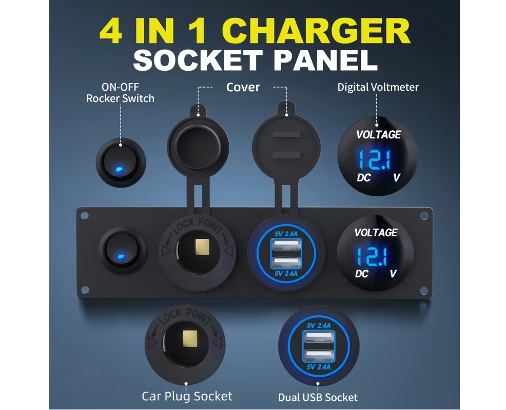 12V 4-in-1 Socket Charger Panel - Red or Blue Light - Image 2