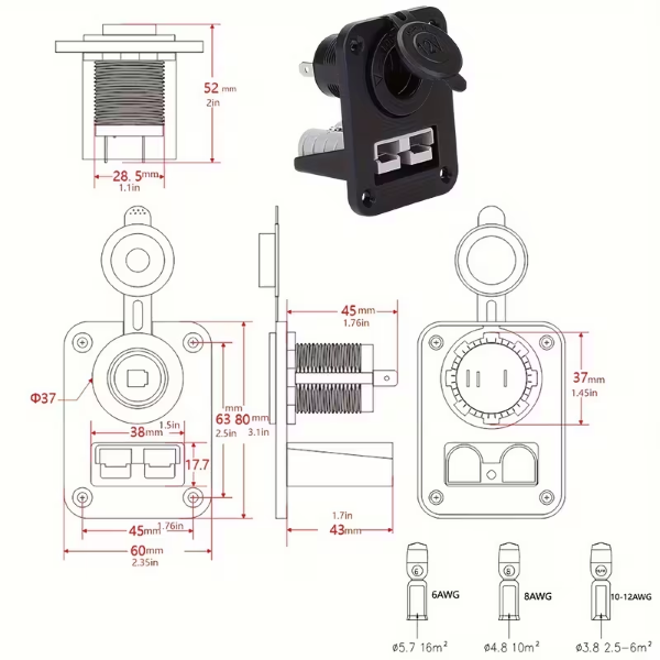 12V Anderson Car Plug & Lighter Socket Charger Flush Mount - Image 2